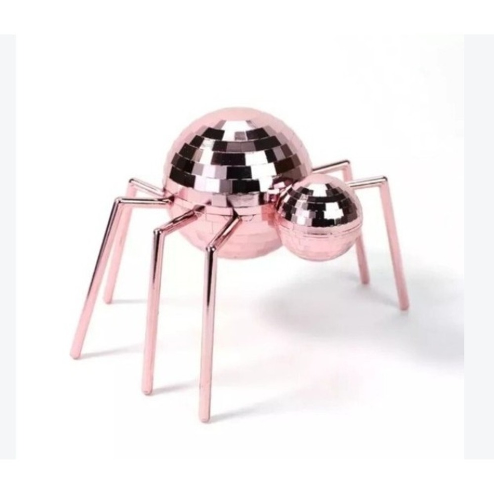 Rose Gold Disco Ball Spider Figurine Mirror Faceted Decorative Accent 5.5in